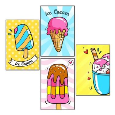 Imagem de Quadros Sorvete Picolé Colorido Decoração Sorveteria 4 Peças - CAMALEÃ