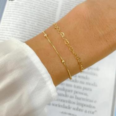 Imagem de Kit Pulseiras Banhadas a Ouro 18K Coração e Bolinhas - Gioh Joias