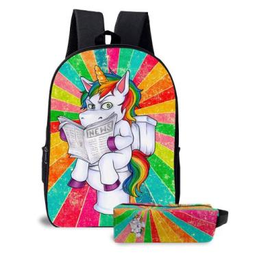 Imagem de Kit Mochila e Estojo Escolar Infantil Unissex com o Tema de Unicórnio 