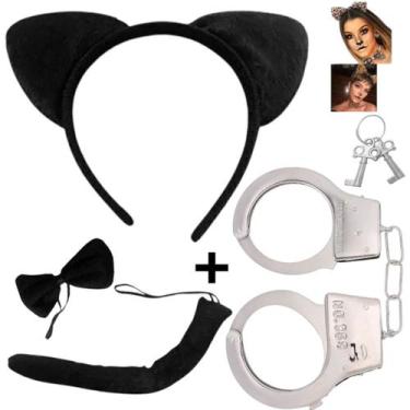 Imagem de Fantasia de Carnaval Tiara Oncinha Preta Par De Algemas com Gravata e 