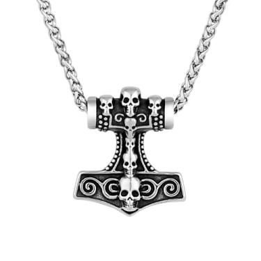 Imagem de LOBON Colar de martelo viking Thor Nordic Vegvisir Valknut pingente de aço inoxidável amuleto norueguês joia presente para homens e mulheres, Aço inoxidável, Sem Pedra Preciosa