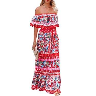 Imagem de Xplanet Vestido mexicano feminino com estampa floral, ombros de fora, vestido maxi para festa de verão casual, Vermelho, P