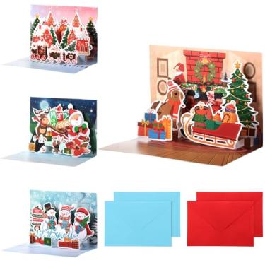 Imagem de MotiMind 4 peças de cartões de Natal 3D pop up cartão de felicitações de Natal Papai Noel boneco de neve feito à mão cartões de bênção de árvore de feliz Natal com envelopes para decoração de presente