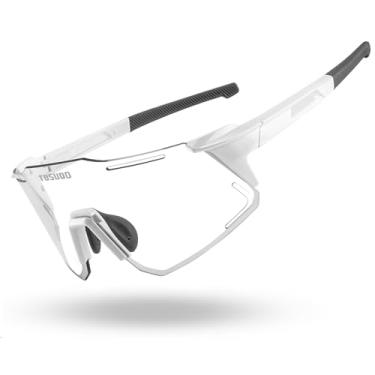 Imagem de TOSUOD Óculos de sol para ciclismo e corrida, 100% de proteção UV, fotocromático, sem moldura, à prova de estilhaçamento, lentes maciças, braços e nariz ajustáveis, Branco, One Size