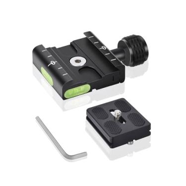 Imagem de UTEBIT Conjunto de adaptadores de fixação QR de alumínio com placa de liberação rápida Arca Swiss de 50 mm com orifício de parafuso de 3/8" e 1/4" e nível de bolha embutido compatível com monopé de cabeça de bola de tripé de câmera Manfrotto DSLR