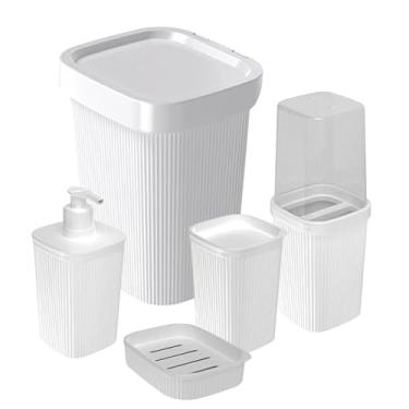 Imagem de Kit Acessórios Banheiro 5 Peças Organizador Lavabo Lixeira Porta Escova Sabonete Líquido (Branco)