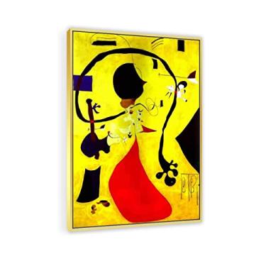 Imagem de JZSDGB Arte de parede com moldura dourada reprodução de pintura famosa - interior holandês por Joan Miro pôsteres e impressões - arte de parede em tela abstrata Joan Miro Imagens para decoração de