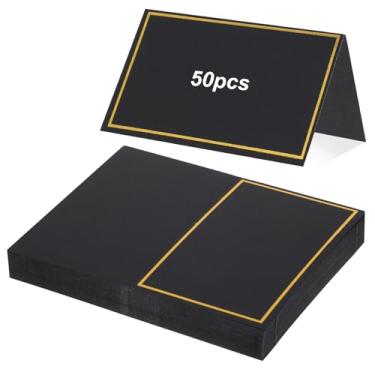 Imagem de 50 cartões de mesa para mesa, 2 cartões de barraca de mesa de 3,86 cm com borda dourada, etiquetas de alimentos para buffet de festa, cartões de assento para casamentos, banquetes, eventos, jantares