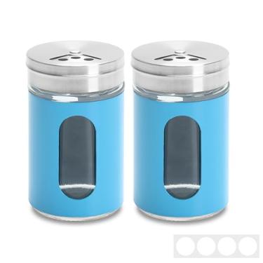 Imagem de YACEYACE Coqueteleira pequena de aço inoxidável, conjunto de coqueteleira azul de 85 g, 2 peças de pequenos coqueteleiros com furos e tampas, saleiro e pimenteiro para cozinha