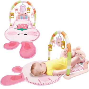 Imagem de Tapete de Atividades Bebê Piano Musical Mobile Baby Style com Teclado Removível Luzes e Sons Estímulo Sensorial Barra de Brinquedos Teclado (Coelho Rosa)
