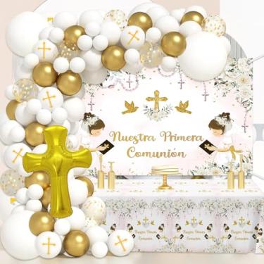 Imagem de MEHOFOND Nuestra Primera Comunión Baptism Decorations for Girls Siblings White and Gold First Holy Communion Balloon Kit Mi Bautizo Christening God Bless Baptism Party Decor with backdrop Tablecloth