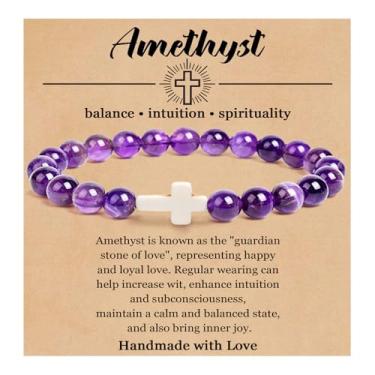 Imagem de RENYILIN Pulseira com contas de cruz de pedra natural, 8 mm, pulseira unissex para vale-presente, One Size, Pedra, Sem Pedra Preciosa