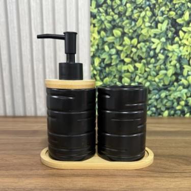 Imagem de Kit Lavabo Porcelana Moderno c/ 3 Peças Preto Fosco Difusor Aromatizador e Saboneteira Banheiro Sala (Preto, Linhas)