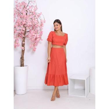 Imagem de Conjunto Feminino Linho Premium Saia Midi e Blusa Manga Bufante Fashio