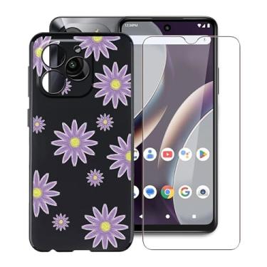 Imagem de YQINHHME Capa de telefone preta macia TPU para BLU Bold K10 (16.8 cm) com 1 x protetor de tela de vidro temperado, capa fina de silicone à prova de choque para BLU Bold K10 - flor roxa