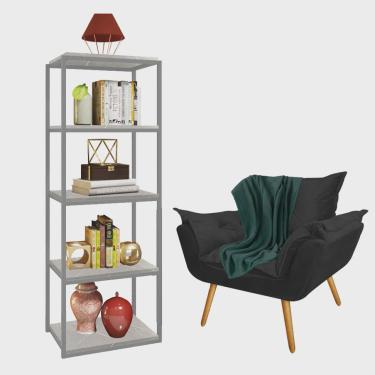 Imagem de Kit Poltrona Fatte com Manta Soft Verde e Estante Livreiro Ferro Prata mdf Marmorizado Cinza Suede Preto - Ahazzo Móveis