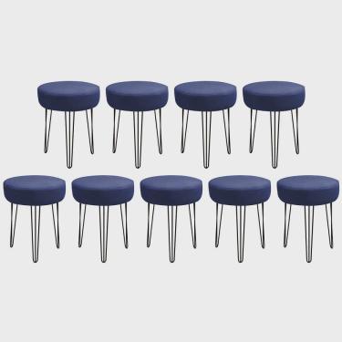 Imagem de Kit 09 Banquetas Puff Jullia Luxo 55cm Industrial Ferro Preto Corino Azul Marinho - Ahazzo Móveis