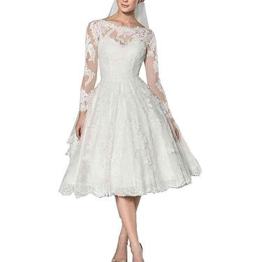 Imagem de Vestido Curto E Vestido De Noiva Vestido Feminino E Vestidos De Noiva Renda Manga Longa Sem Costas, Branco, 42