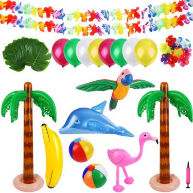Imagem de Ruisita Conjunto De 57 Peças Festa Inflável Luau, Incluindo Palmeiras Infláveis, Bolas Praia Banana Brinquedos Flamingo, Papagaio Voador, Golfinho Para No Havaí, Decoração Luau