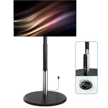 Imagem de LLDEPLL Suporte De Tv Móvel De Chão Com Tomada Elétrica, Carrinho De Tv Com Rodinhas Para Monitores Oled De 27 A 65 Polegadas, 6 Níveis De Ajuste De Altura, Iluminação Ambiente Nas Rodas Inferiores