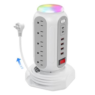 Imagem de LAGININE Torre De Extensão De Energia Pd30W Com Protetor Contra Surtos, Cabo De Extensão Retrátil De 1,9 M, 15 Tomadas Ca, Torre De Energia Com 6 Usb (4 Usb-A, 2 Usb-C) Para Escritório Doméstico (Br