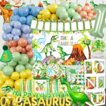 Imagem de BIGKEOKI Suprimentos Para Festa De Aniversário Dinossauro Menino 1º Um A Saurus Decorações Incluem Guirlanda Balões Caixa Cadeirinha Banner Fotos Coroa Cenário Pratos Guardanapos Toalha Mesa