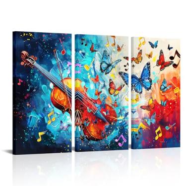 Imagem de Biuteawal 3 painéis arte de parede violino vermelho azul notas musicais impressões em tela instrumento musical com imagens de borboleta impressões músico presente emoldurado pronto para pendurar