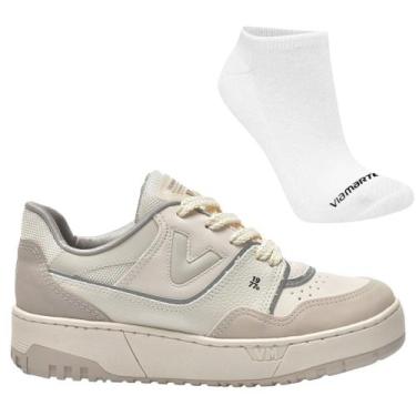 Imagem de Kit Tênis Via Marte 042-022 Feminino e Meia, 38, Bege, Cinza, Feminino