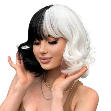 Imagem de Peruca Cruella Devil Cosplay Curta Com Franja Preto E Branca - GM Hair