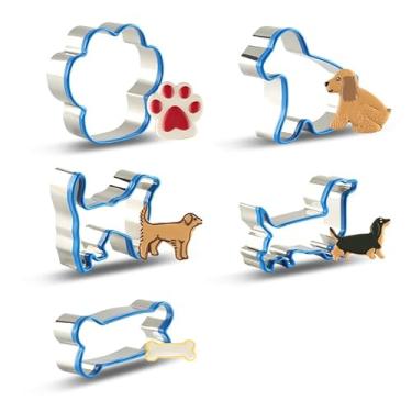 Imagem de Conjunto de 5 cortadores de biscoito para cães, incluindo osso, estampa de pata, formas de cortador de biscoito de cachorro, conjunto de cortadores de guloseimas para cães caseiro (o azul é visível e