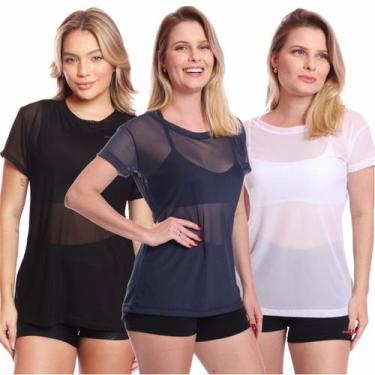 Imagem de Kit 3 Blusa Manga Curta Tule Transparente Treino Academia Fitness - Br