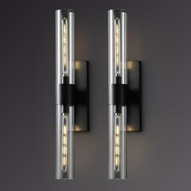 Imagem de HONG DIRECT Conjunto De Dois Arandelas Pretas, Iluminação Banheiro 22,8", 2 Luzes, Luzes Penteadeira Bronze, Arandela Vidro Tubular Para Sala Estar, Quarto, Corredor