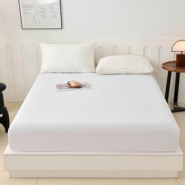 Imagem de Lençol solteiro GG – Lençol de cama de algodão macio e respirável, lençol de baixo elástico com bolso profundo de 38 cm para evitar que o colchão deslize, todas as estações, branco
