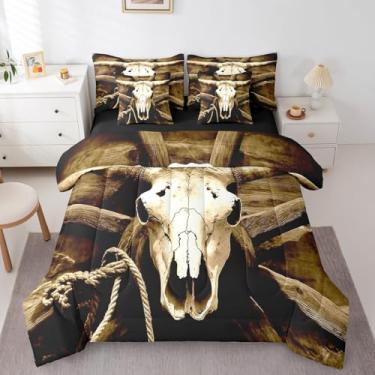 Imagem de jejeloiu Conjunto de edredom de caveira de vaca com lençol Queen Size Kids Longhorn Jogo de cama 7 peças para meninos e meninas, adolescentes, decoração ocidental, cama em uma bolsa, respirável,