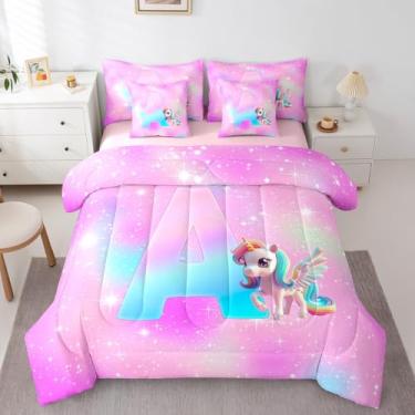 Imagem de Feelyou Conjunto de cama casal de unicórnio fofo para meninos e meninas, com inicial A, 7 peças, letras do alfabeto, conjunto de edredom com lençóis, arco-íris, glitter, 7 peças