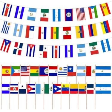 Imagem de AhfuLife Bandeiras de Países de Língua Espanhola e 23 Pçs Bandeiras Portáteis, 23 Bandeiras de Países da América Latina - Dupla Face com Poste Superior de Lança Seguro para Crianças para Decorações de