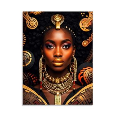 Imagem de Arte de parede em tela afro-americana preta e dourada emoldurada pintura de retrato de mulheres impressão emoldurada dourada imagem abstrata de menina negra decoração de parede arte africana 80 x 60