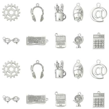 Imagem de Stiesy 100 peças de pingentes tibetanos antigos prata ciência computador pingentes vintage calculadora teclado mouse engrenagem amuleto a granel para joias pulseira fazer artesanato DIY