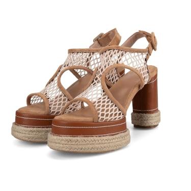 Imagem de HoanTiai Sandálias de salto plataforma femininas de tecido oco de salto grosso confortável praia trançado plataforma salto bloco, Bege, 40