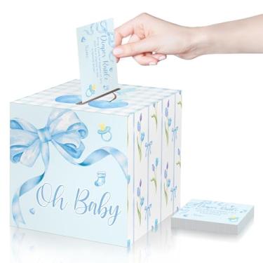 Imagem de Funrous 50 bilhetes de sorteio de fraldas com caixa para convites de jogos de chá de bebê, cartão de sorteio de fraldas para revelação de gênero, decoração de festa de chá de bebê, centro de mesa