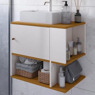 Imagem de Gabinete Beauty Armário Banheiro 1 Porta E Nicho Lateral + Pia Cuba Sobrepor (Off White Freijó)