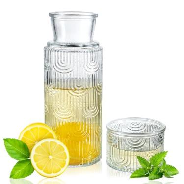Imagem de kanpura Conjunto de garrafa de água e vidro de cabeceira, jarra de vidro de 808 g e copo vintage de 184 g para mesa de cabeceira, dispensador de enxaguante bucal de cozinha para banheiro (transparente