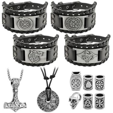 Imagem de Aswitnove 12 peças pulseira viking acessórios de amuleto nórdico para homens, bússola runa, dragão, fenrir, lobo, pulseira, talismã nórdico, acessórios de cabelo viking para homens e mulheres, Large