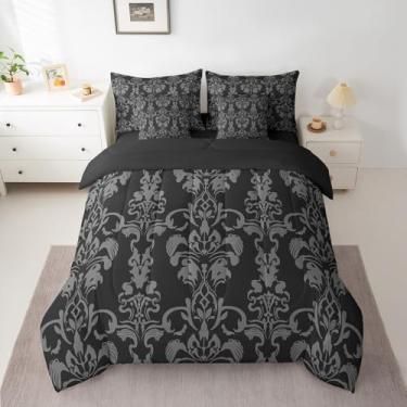 Imagem de Conjunto de cama de casal damasco floral exótico de 7 peças, para meninos, meninas, adolescentes, conjunto de edredom vintage jacquard com lençóis, fronhas e capa de almofada, preto profundo de