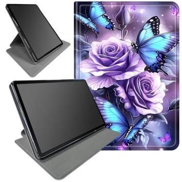 Imagem de Capa para Samsung Galaxy Tab S10 Ultra (versão 2024)/S9 Ultra (versão 2023) 37.1 cm tema de rosas roxas borboletas azuis com suporte giratório de 360 graus para tablet Samsung S10 Ultra