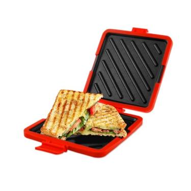 Imagem de Sanduicheira de microondas com tiras de silicone ajustáveis sem fio torradeira placa antiaderente tecnologia ondas de calor torradeira sanduíche para cozinhar deliciosos sanduíches crocantes (vermelho