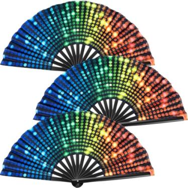 Imagem de NKG Pacote com 3 leques grandes dobráveis de mão, leque chinês de kung fu tai chi preto ventilador de tecido de nylon para homens e mulheres apresentações, dança, decorações, festival, presente (3