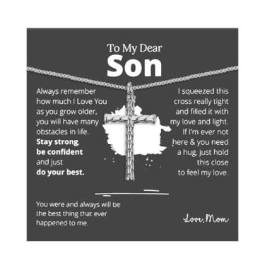 Imagem de Colar To My Son from Mom Colar de cruz de prata masculino com pingente de presente para filho presentes de aniversário inspiradores para homens, Zinco, Sem Pedra Preciosa