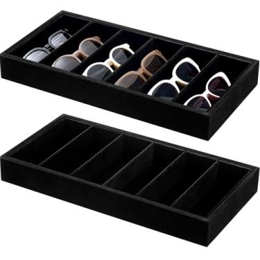 Imagem de Juexica Bandeja organizadora de óculos de sol de veludo, 2 peças, organizador de óculos de sol, 6 grades, bandeja de veludo, estojo de exibição de óculos empilhável para mulheres, óculos, joias