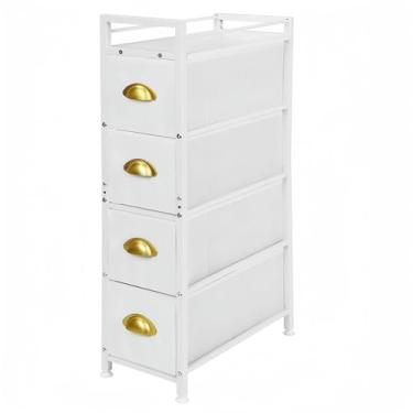 Imagem de MOOACE Torre de armazenamento estreita com 4 gavetas, cômoda fina, cômoda vertical de tecido pequeno, organizador de madeira para quarto, banheiro e lavanderia, branco/dourado